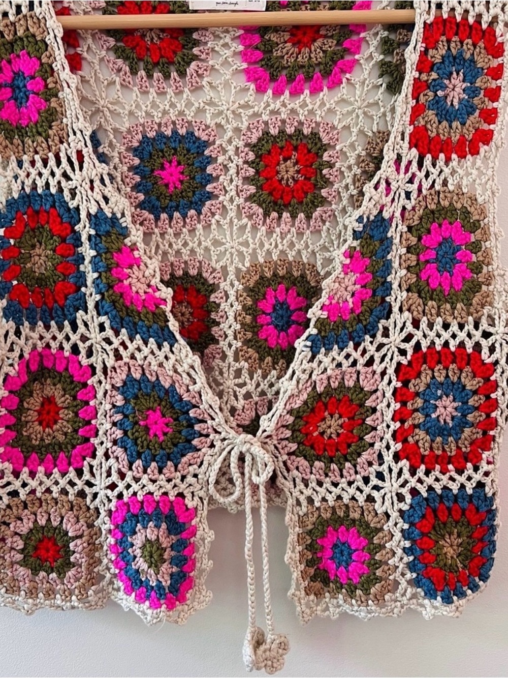 NATURAL LIFE granny square Crochet Vest with Pink, Red, Blue & Cream Accents